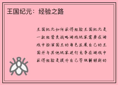 王国纪元：经验之路