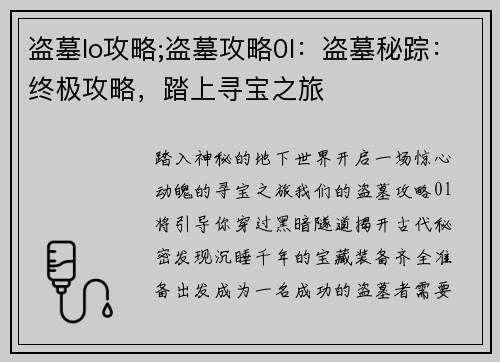 盗墓lo攻略;盗墓攻略0l：盗墓秘踪：终极攻略，踏上寻宝之旅